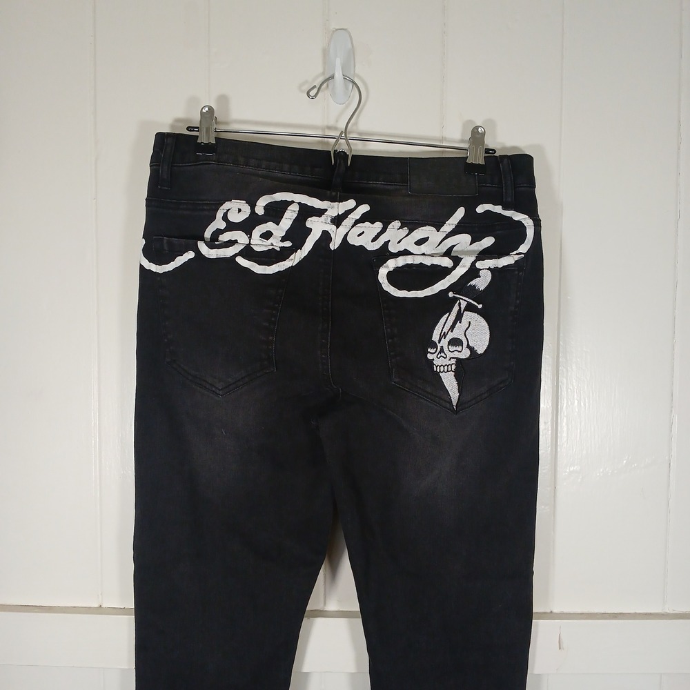 Ed Hardy Jeans Men 32 Black Slim Fit Embroidered Skull Logo MEHD8300-5